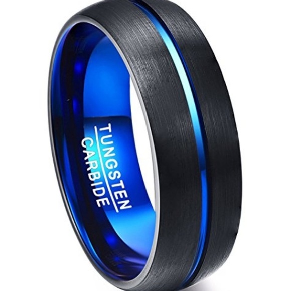 Black Tungsten Thin Blue Line Police Ring Band - Picture 3 of 8